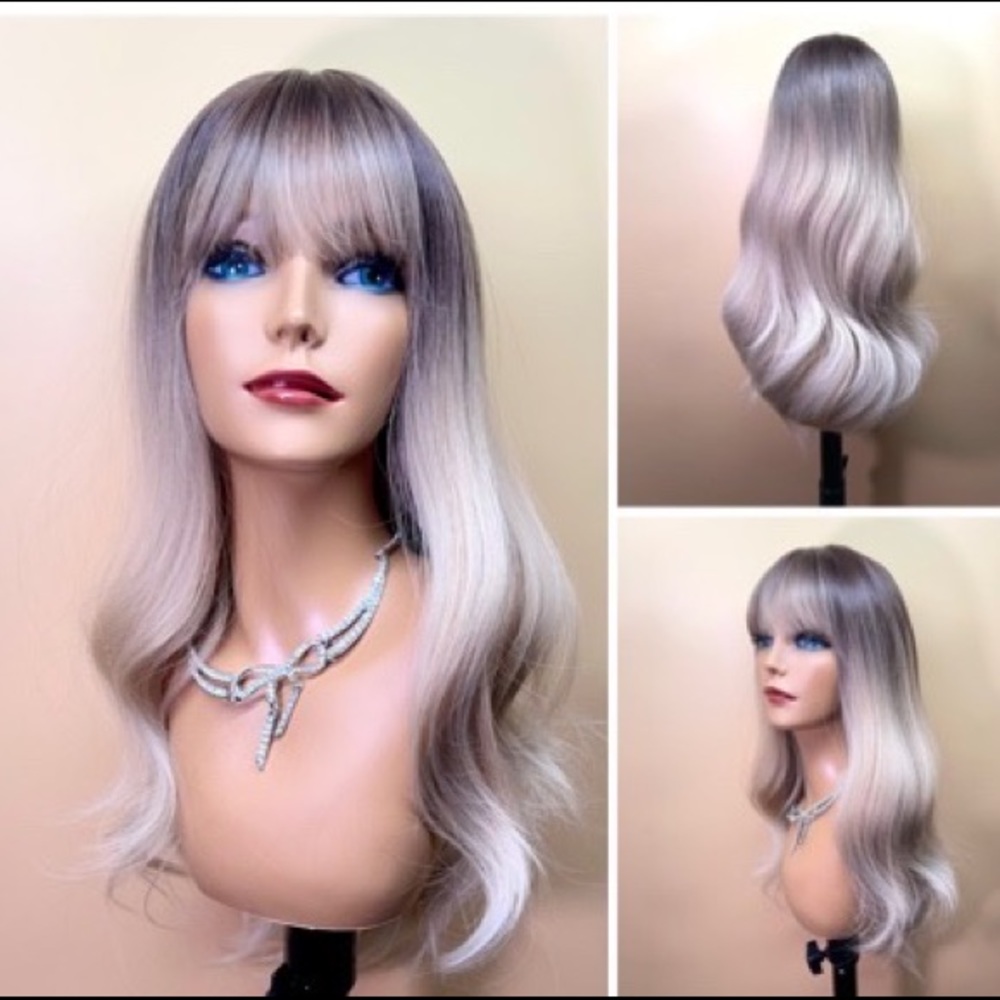 6042-1, 24”Dark Brown Root Blond Ombre body wavy synthetic bangs wig